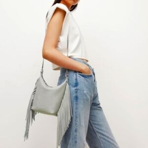 AllSaints Evaline Tassel Fringe Bag Sequoia Grey Silver NWT Chain
